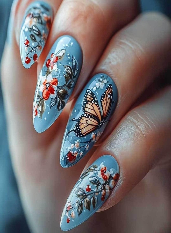 OCOUYVD Press on Nails Almond Stiletto Heel Fake Nails with Flower Butterfly Designs Spring Summer Nails Glue Nails Glossy Blue Brown Acrylic Full Cover Nails False Nails Tip Stick on Nails for Women 24PCS - Image 1